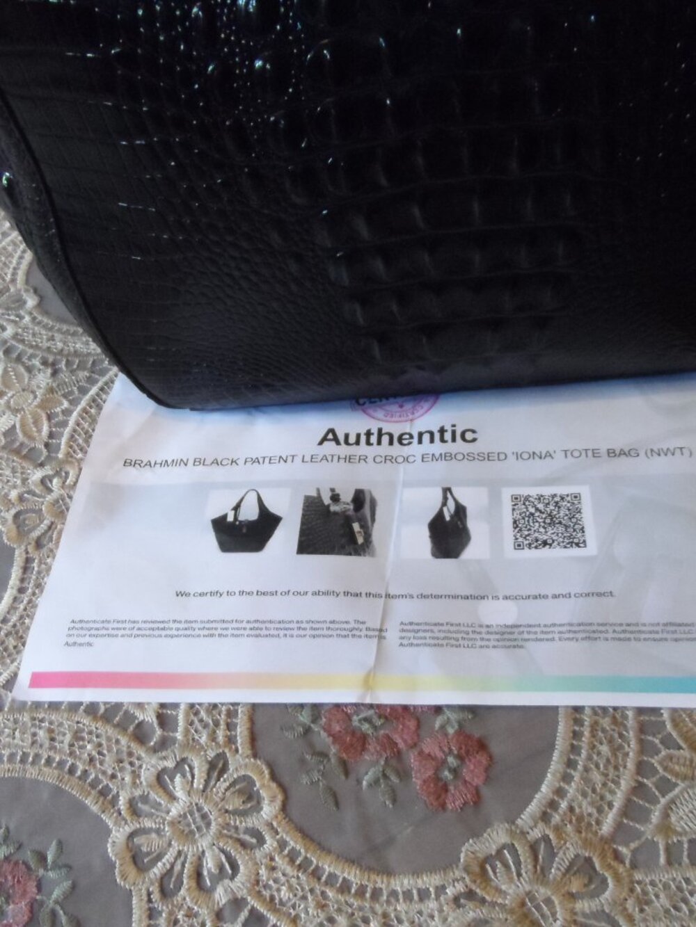 New Brahmin Black Patent Croc Embossed Iona Large Tote Bag - Picture 3 of 16